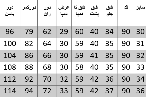 راهنمای سایز