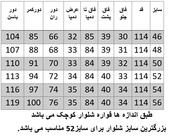 راهنمای سایز