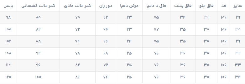 راهنمای سایز