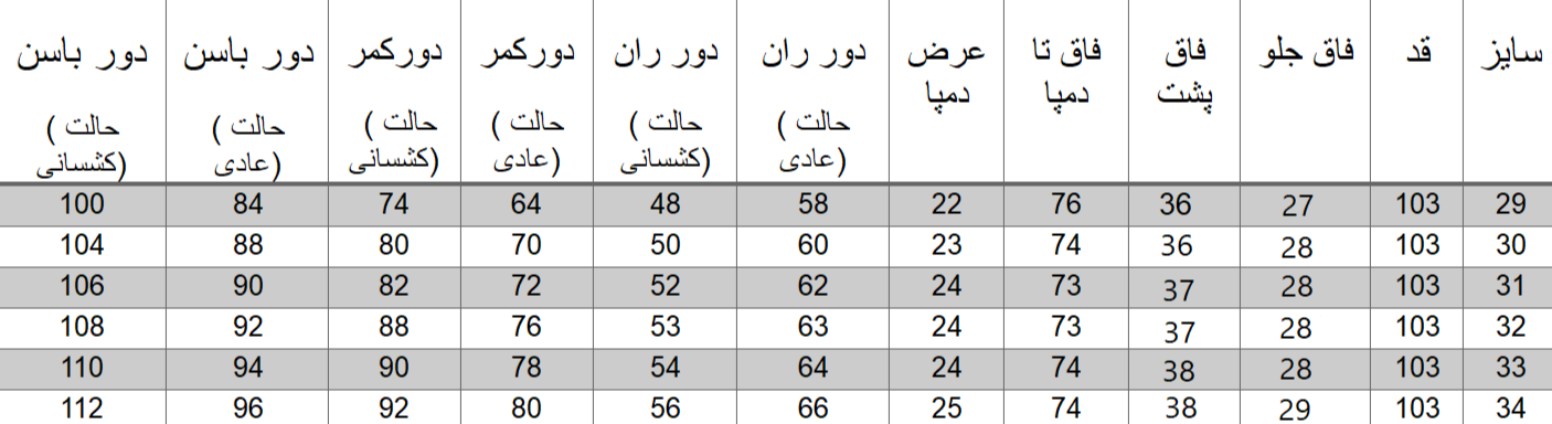 راهنمای سایز