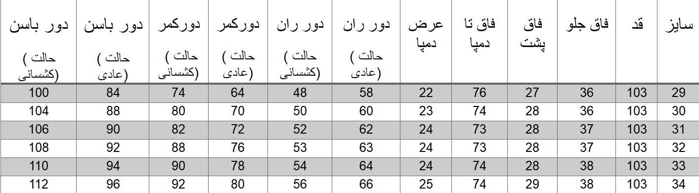 راهنمای سایز