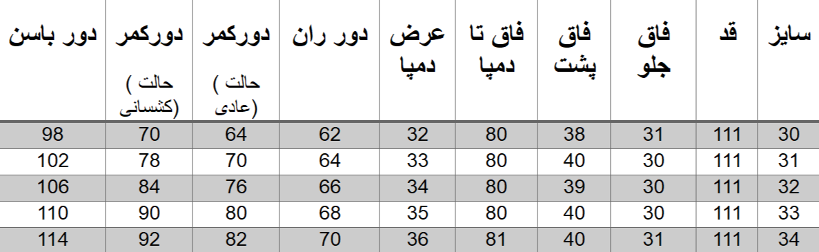 راهنمای سایز